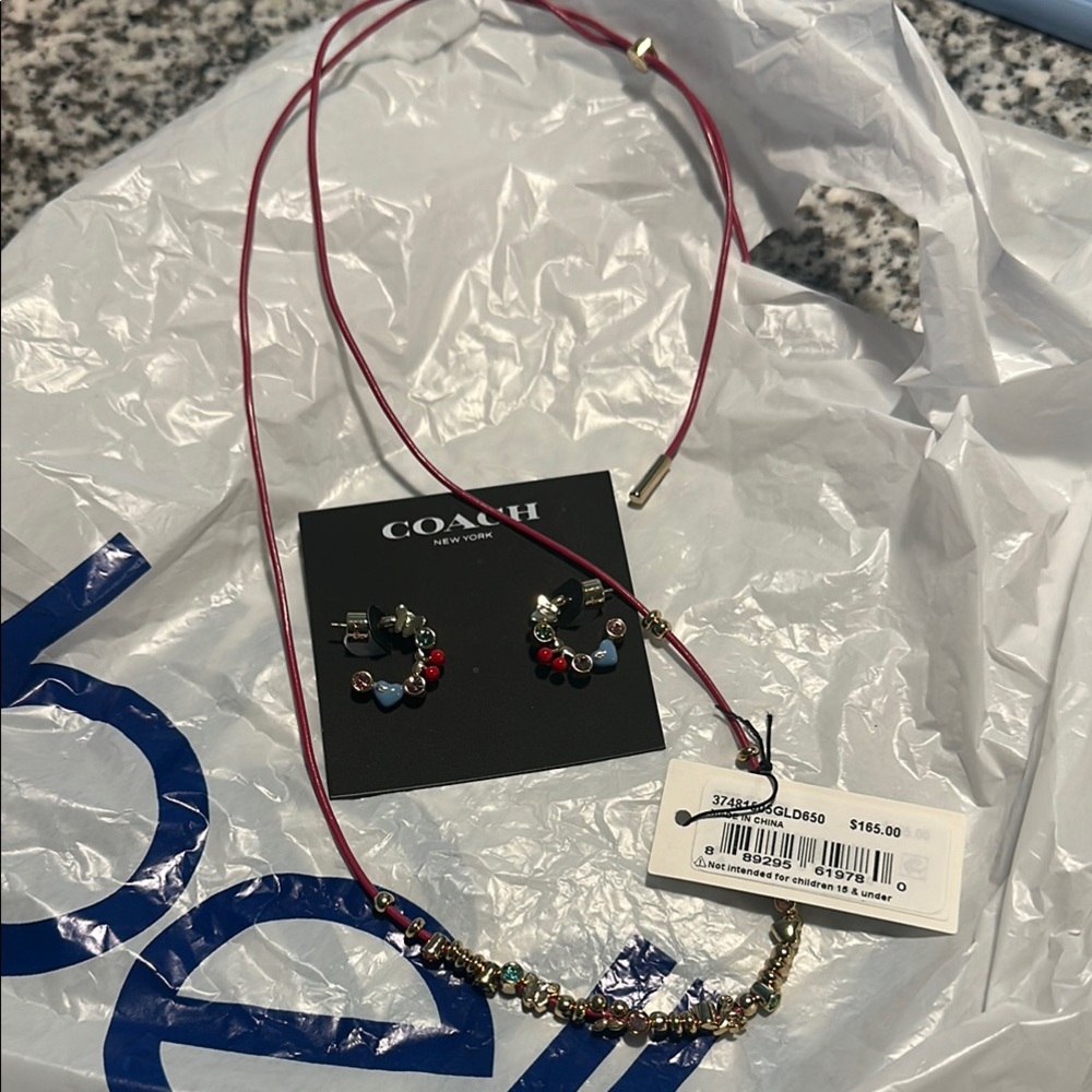NWT Coach Cherry And Heart Multi Charm Leather Wrap Necklace and Huggie Earrings